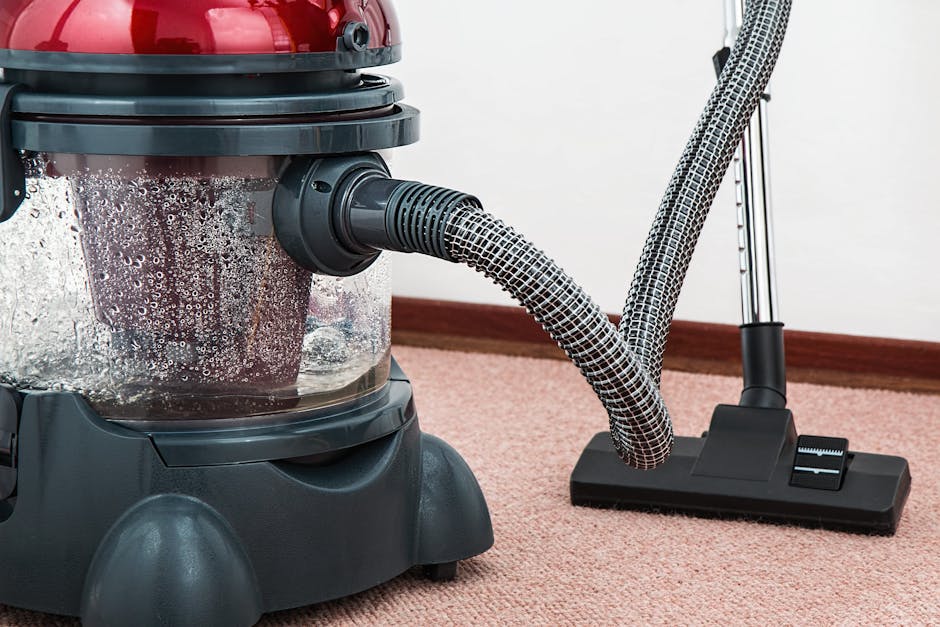 Close-up view of a modern vacuum cleaner with a transparent dust container filled with dust and debris, positioned on a light pink carpeted floor in a residential room. The vacuum has a black and red 